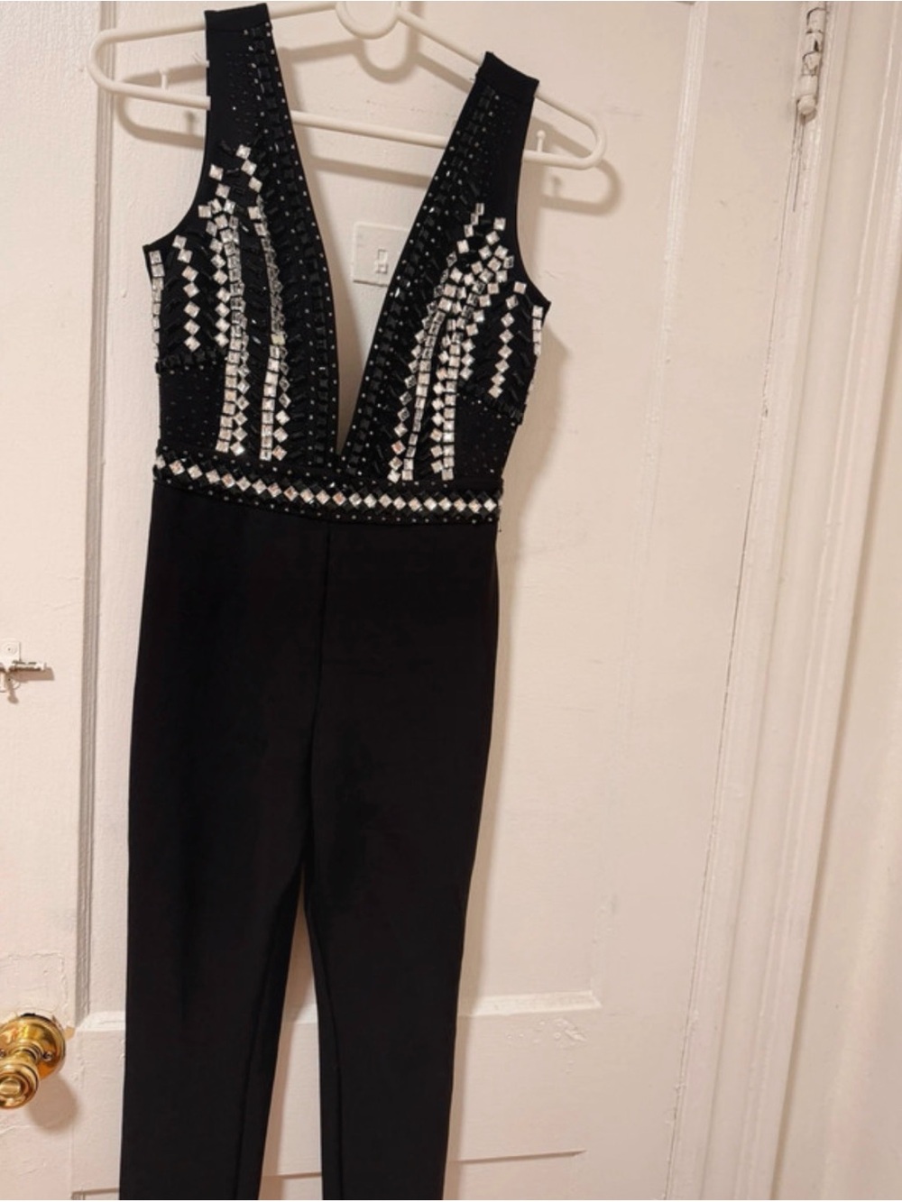 Black Deep V-Neck Embellished Jumpsuit